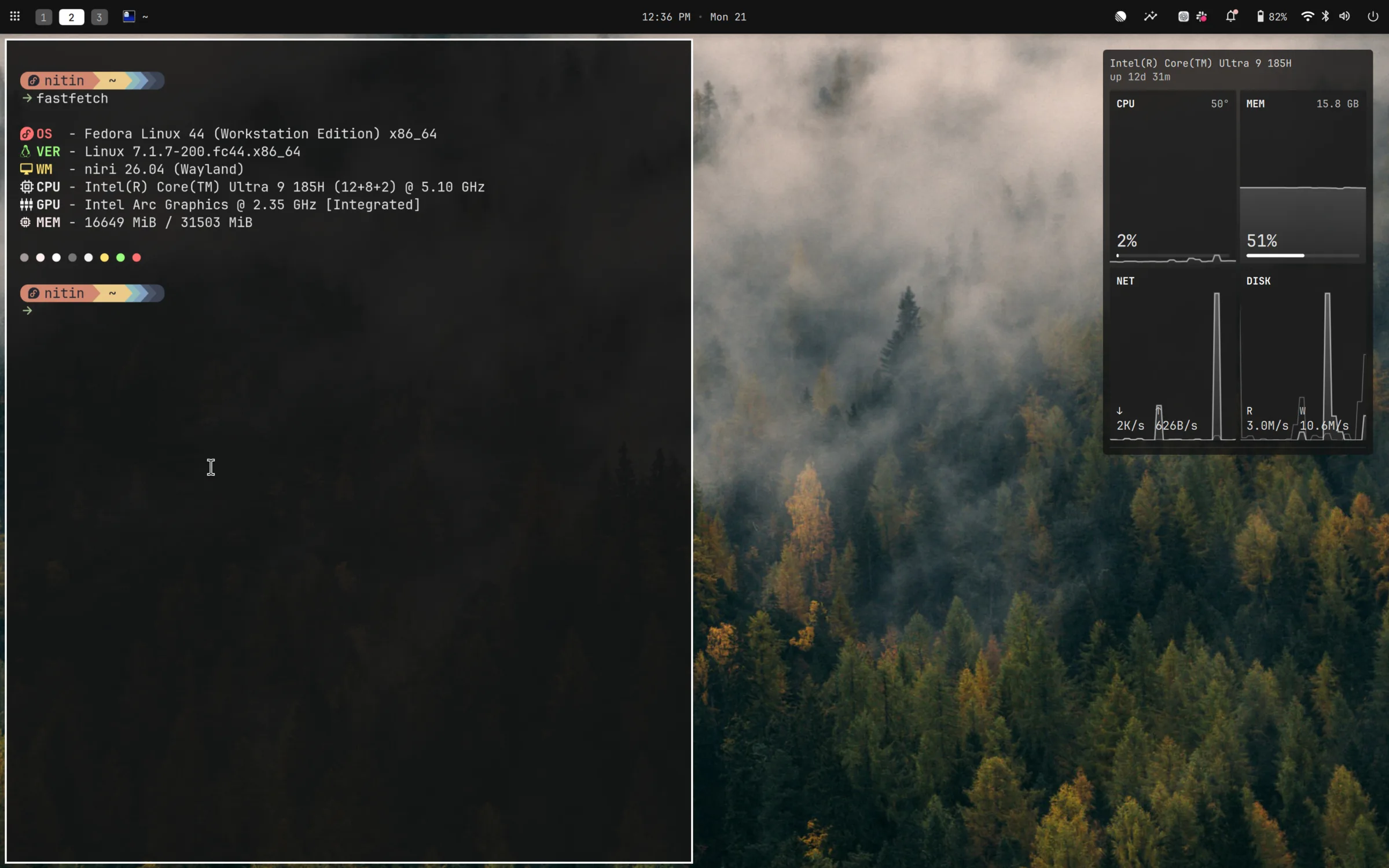 niri desktop running Fedora 44, with Ghostty showing fastfetch output and the DankMaterialShell bar and system monitor